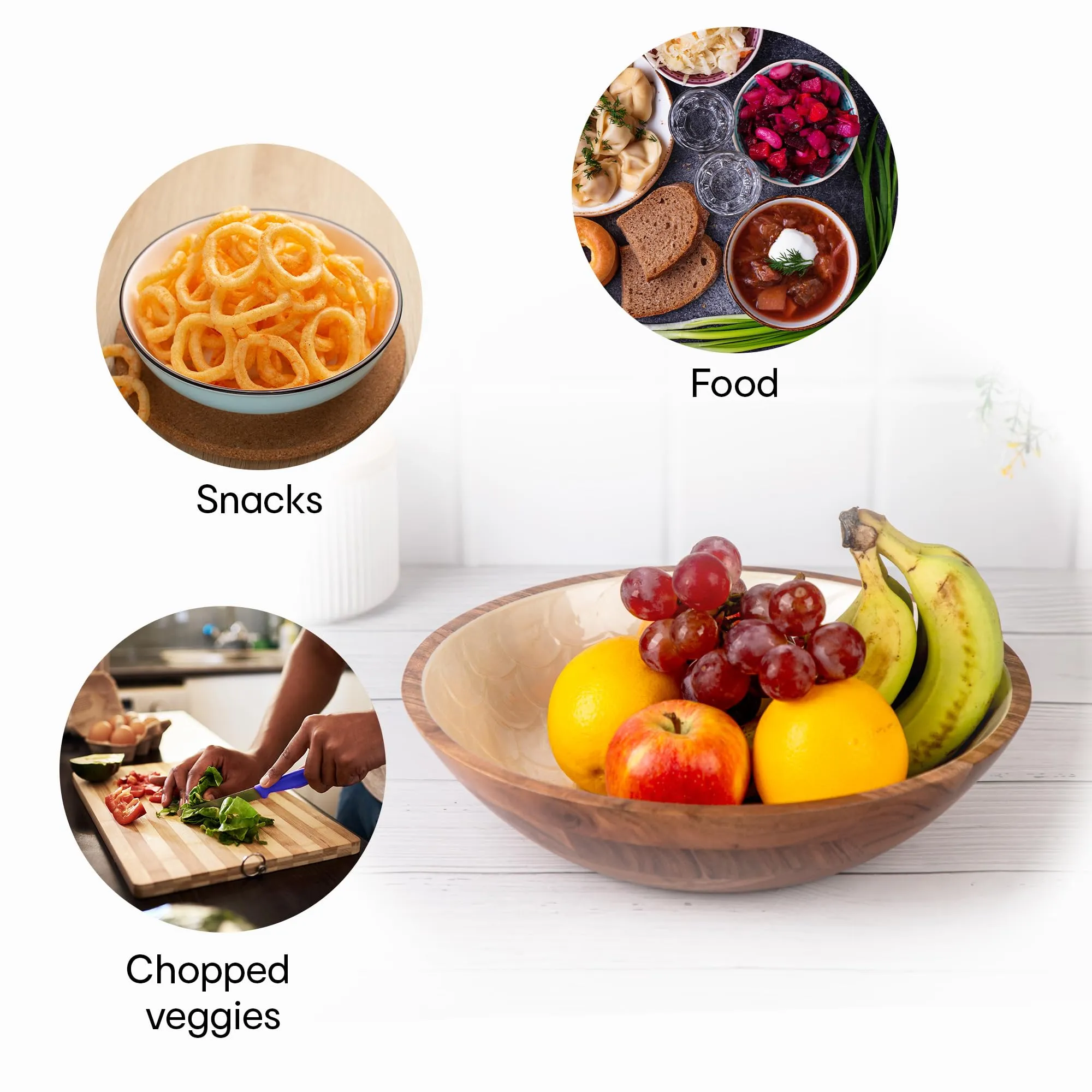 anko Exquisite Pearl Enamel Bowl | Acacia Wood | 29x29x7.5cm | 0.750 kg | Stylish and Functional Design | Certified Food Safe