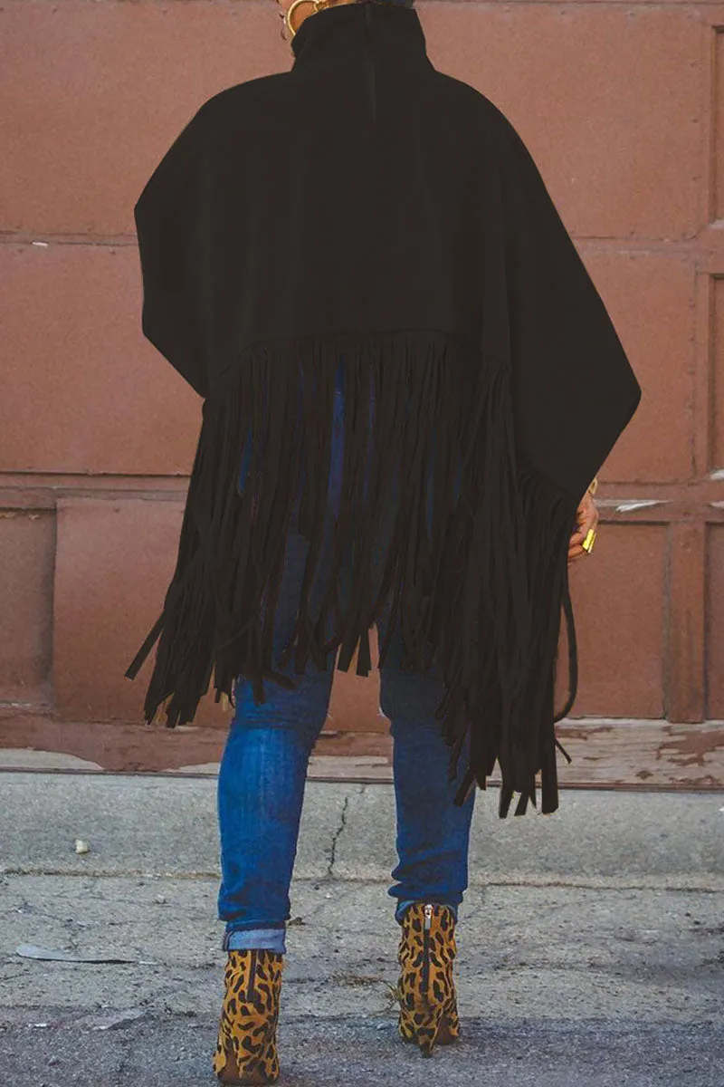 Fashion Vintage Solid Tassel Turtleneck Plus Size Overcoat