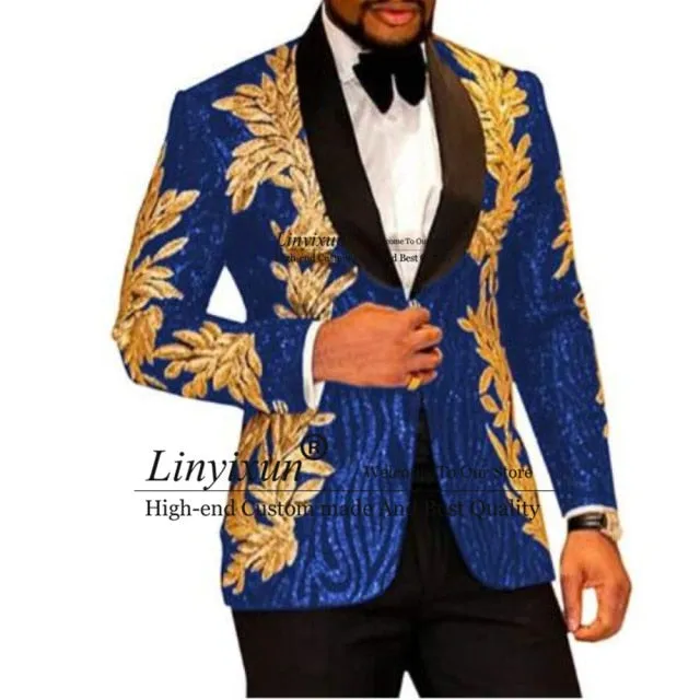 Nukty Slim Fit terno masculino Shiny Sequins Gold Applique Suits Men Prom Tuxedos Grooms Set 2 Pieces(Blazer Pants) Costume Homme
